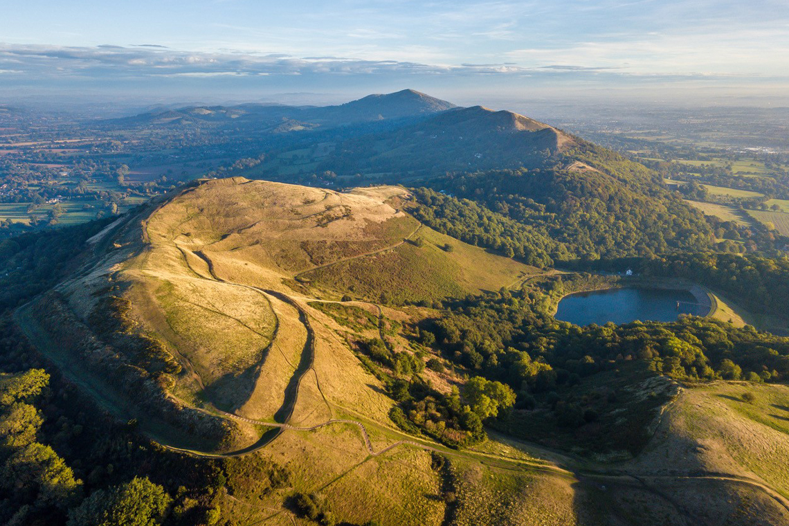 A drone photograph of the Malvern Hills, Worcestershire