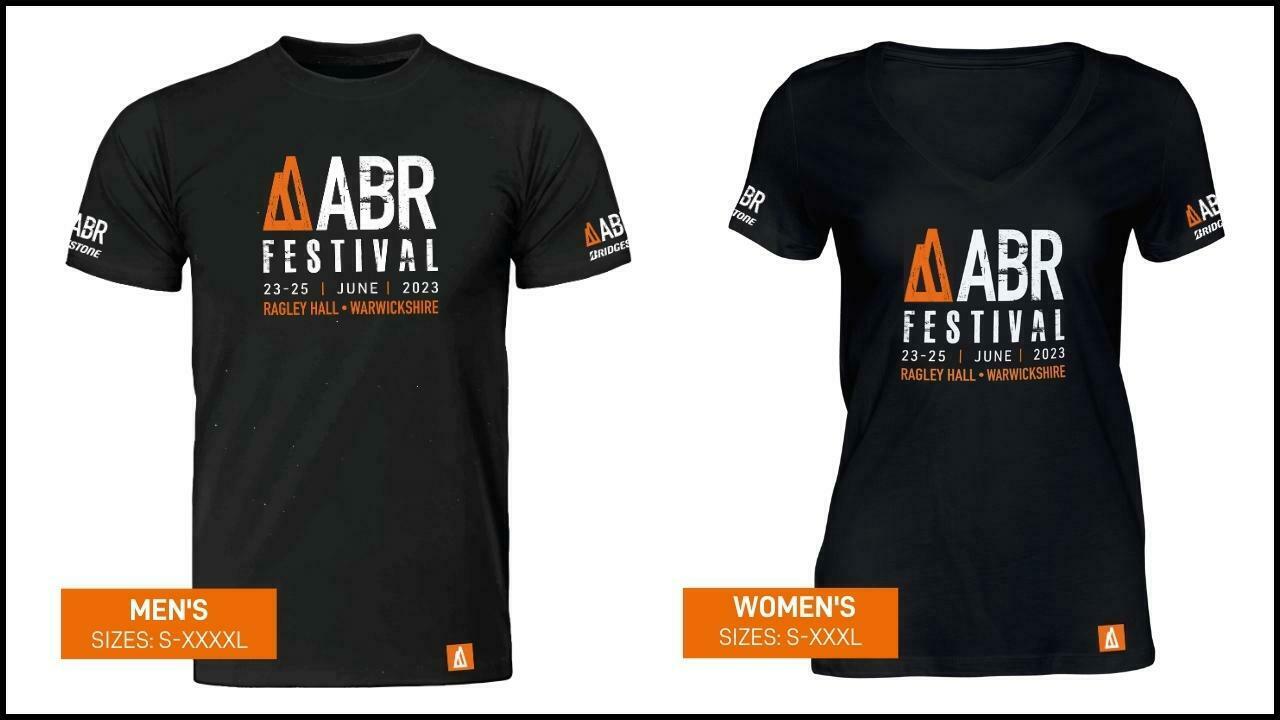 2 ABR Festival 2023 t-shirts are available in men and women's fit as well as a range of sizes