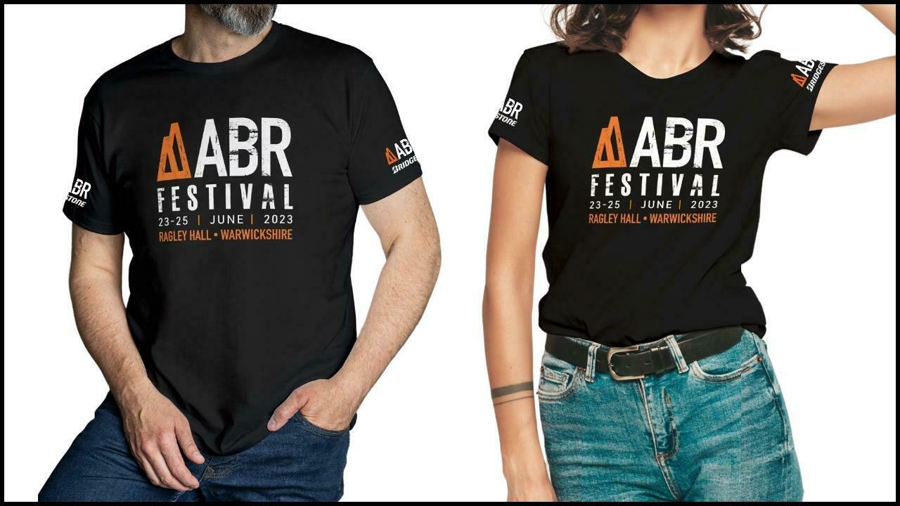 Man and woman modelling the new 2023 ABR Festival t-shirt