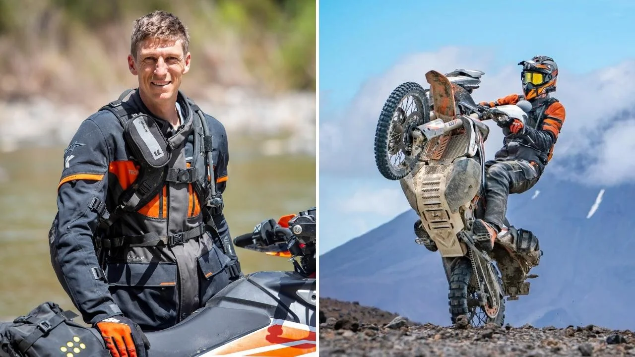 Chris Birch riding in the mountains on his KTM adventure motorcycle