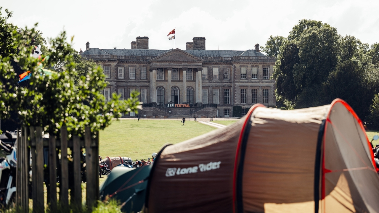The VIP campsite in front of the Great Hall at the Ragley Hall Estate