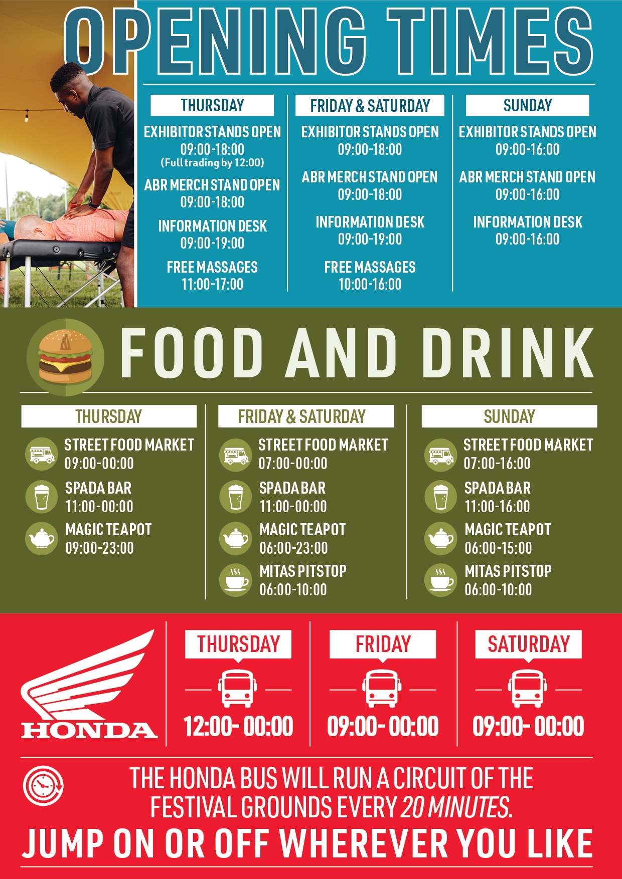 Opening Times | Food and Drink | Honda Adventure Express Bus Service Opening Times | Food and Drink | Honda Adventure Express Bus Service